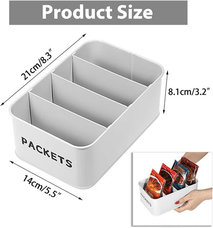 BSTKEY Seasoning Packet Organizer, Food Storage Organizer with Divided 4 Compartments, Metal Storage Caddy for Kitchen Pantry Cabinet, Kitchen Organization Bin for Snacks Spice Packets, White
