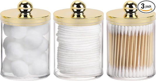 Tbestmax 10oz Qtips Holder - Plastic Apothecary Jar with Gold Lids for Cotton Swab, Cotton Round Pads, Floss - Gold