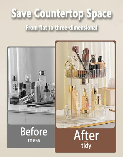 VNIMTI Skincare Organizers 360 Rotating, 3 Tier Makeup Organizer Countertop, Spinning Cosmetics Organizer Display Cases, Beauty Storage for Vanity, Countertop, Bathroon (Gold - Separate Grids)
