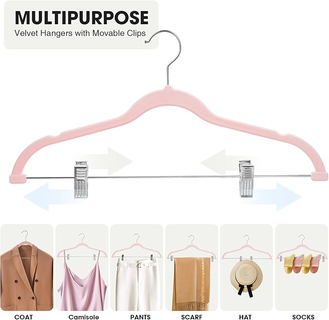 24-Pack Blush Pink Velvet Hangers with Clips Adjustable,Adult Hangers,Heavy-Duty,Felt,Non-Slip,Space Saving,Slim Outfit Hanger for Pants, Skirts, Suits,Coats, Dresses ect.