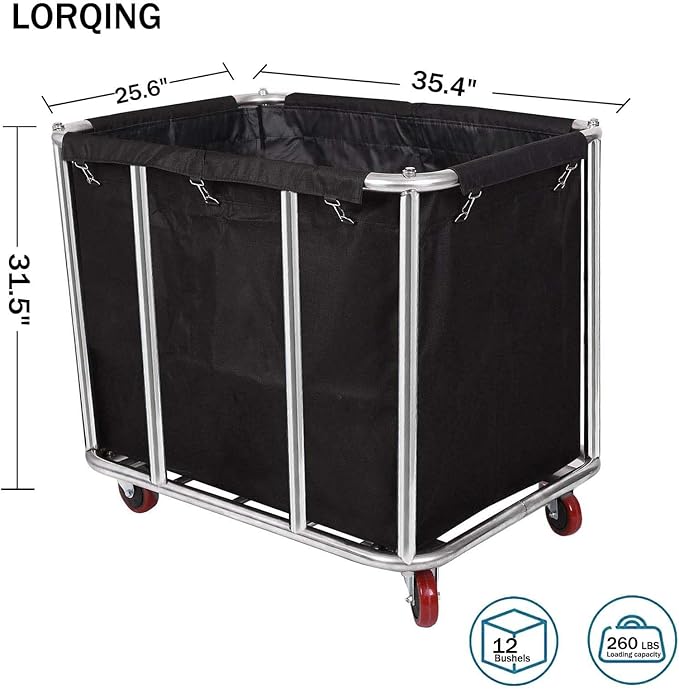 12 Bushels Laundry Cart Commercial/Home,Heavy Duty Large Stainless Steel Rolling Laundry Basket with Wheels，for Laundry Organizer and Storage,260LBS Load (12 Bushels - Black - 8 Tubes)