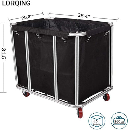 12 Bushels Laundry Cart Commercial/Home,Heavy Duty Large Stainless Steel Rolling Laundry Basket with Wheels，for Laundry Organizer and Storage,260LBS Load (12 Bushels - Black - 8 Tubes)