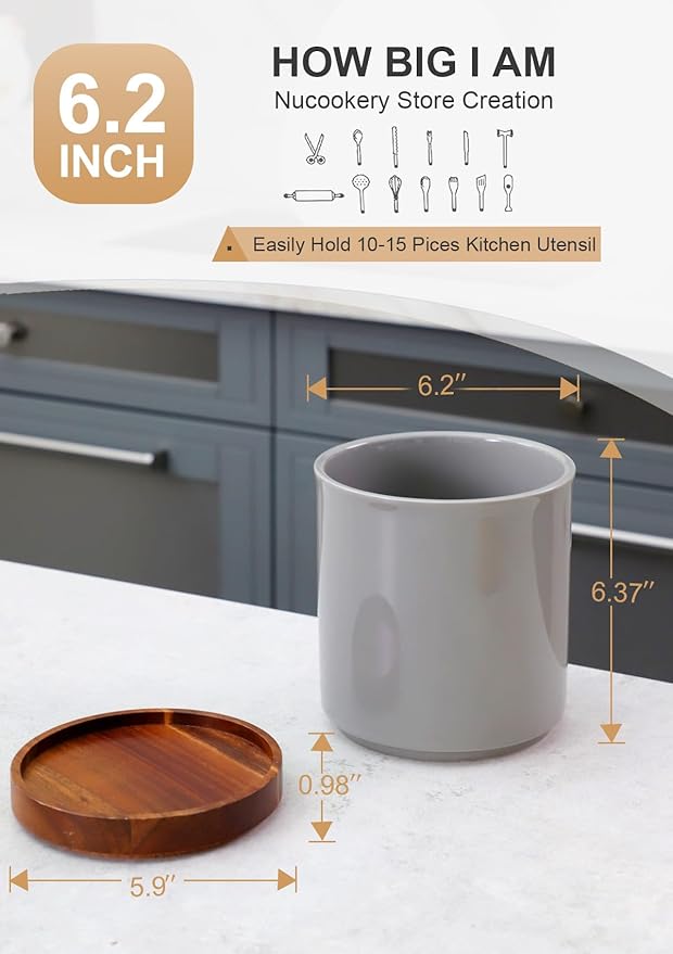 Nucookery 360°Rotating Utensil Holder, 7.2" Large Utensil Crock, White Ceramic Cooking Utensil Organizer,Farmhouse Kitchen Decor Christmas Thanksgiving Gift (Gray)