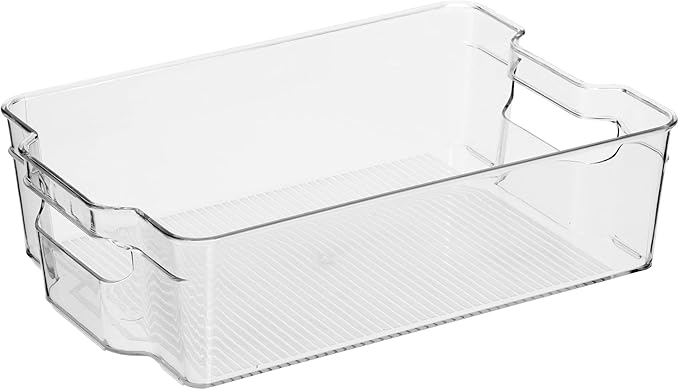 Oggi Stackable Storage Bin With Handle - Wide (12.5" x 8.5" x 3.5") - Ideal for Kitchen Organization, Pantry Storage, Fridge Organizing, Clear