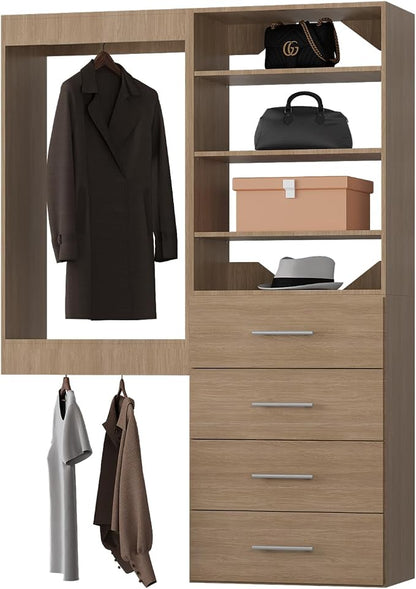 Modular Closet System, 58" Wide Closet Organizer System with Tower and Drawers, Wood Tower Closet Storage for Walk In Closets, Wall Mounted Wardrobe Organizer Kit System, Bedroom, Wood
