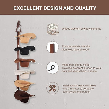 Cowboy Hat Rack Holder for Wall - Wild Western Style Design Hat Organizer with 6 Hat Hooks for Wall Mount, Hat Stand and Hanger for Storage and Organization，Gifts for Men Fathers Dad