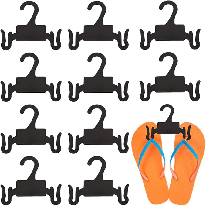 AHANDMAKER 10Pcs Plastic Sandal Hangers, 4.4x3.7Inch Black Slipper Holder, Shoe Rack for Flip Flops, Small Shoe Hooks Hanging Rack, Shoe Clothes Scarf Holders, Retail Beach Shop Display Home Storage