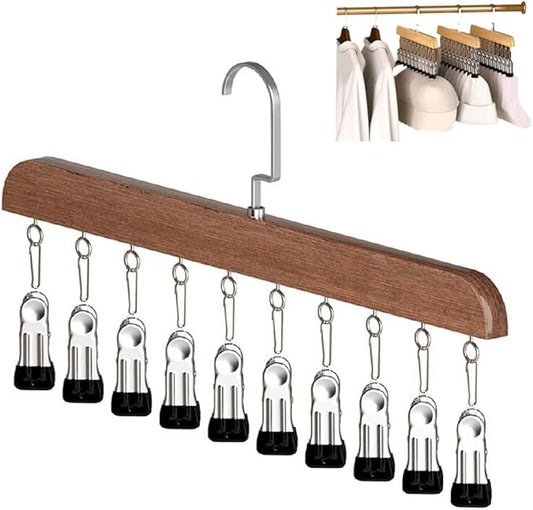 Hanging Closet Organizer, Wooden Legging Hanger with 10 Clips,Space Saving Hats Organizer for Closet,360° Rotating Wooden Multi-Hanger for Pants, Skirts and Socks Storage (Vintage)