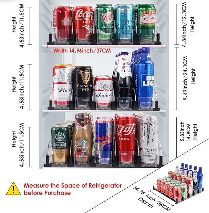 Drink Dispenser for Refrigerator, Self-Pushing Soda Can Organizer for Fridge, 5 Rows already Assembled, Automatic Can Dispenser with Spring Loaded for Refrigerator Holds 25 cans, Black