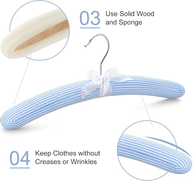 TOPIA HANGER Padded Hangers for Women Clothing, 10-Pack Thick Foam Padded Clothes Hangers No Shoulder Bump for Sweaters, Coat, Blouses, Dresses (Blue/White), CT18BW10