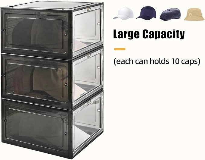 Hat Organizer Box, Stackable Clear Baseball Caps Holder Box Containers with Magnetic Door, Holds 20 Hats (Black Clear, 2 Pack)