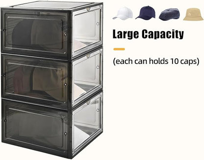 Hat Organizer Box, Stackable Clear Baseball Caps Holder Box Containers with Magnetic Door, Holds 20 Hats (Black Clear, 2 Pack)