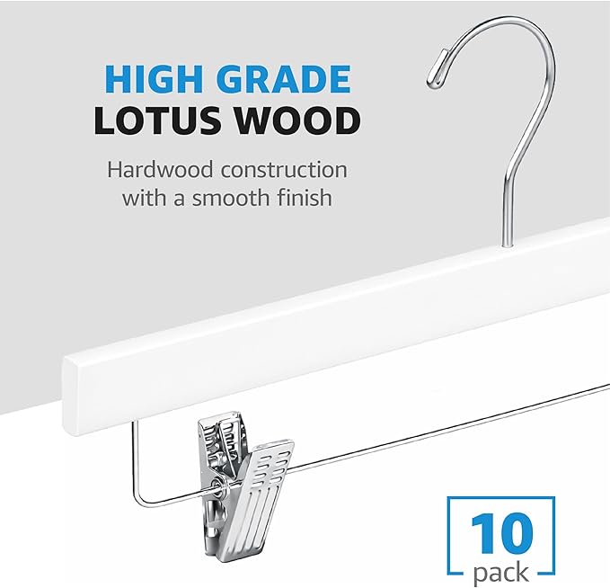 ZOBER Wooden Pants Hangers with Clips - 10 Pack Premium Wood Skirt Hangers for Women, Heavy Duty Wooden Hanger with Adjustable Metal Grip Clips for Jeans and Shorts, Smooth Finish White