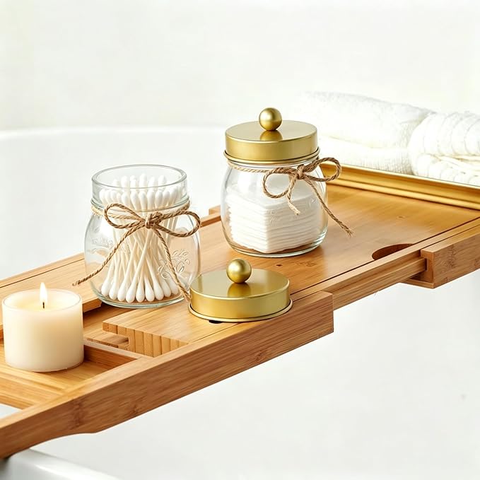 SheeChung 3Pack Warm Golden Undertones Bathroom Decor, Cotton Swab Holders, Bathroom Container Set, Restroom Decor for Cotton Round Pads, Balls, Floss Pick - Brushed Gold