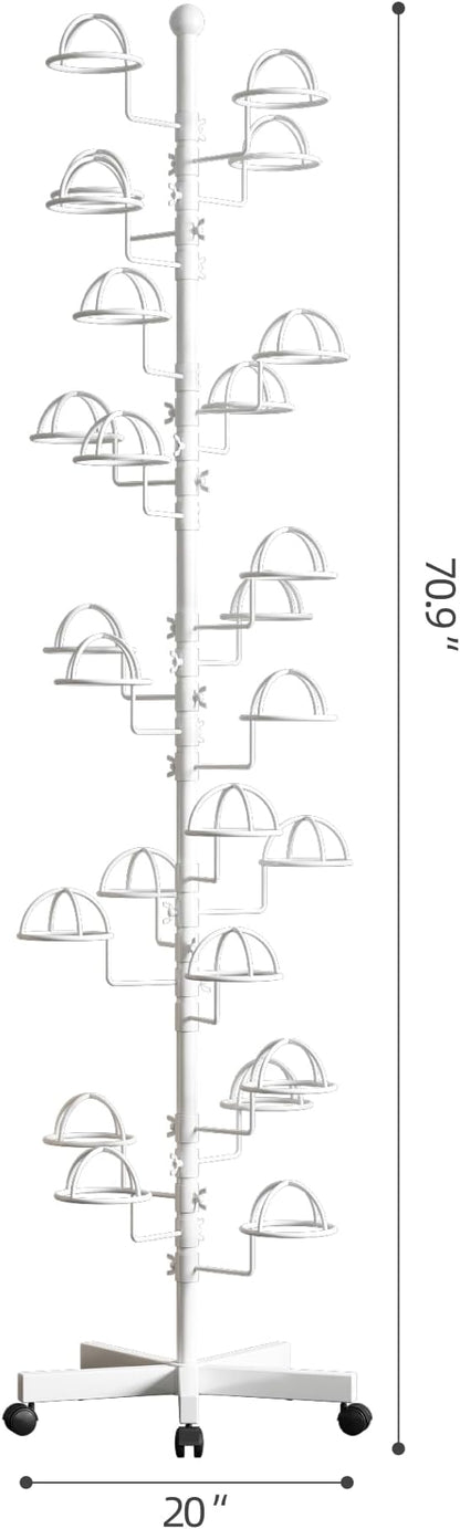 Freestanding Hats Rack Stand with 25 Customizable Circular Hooks Metal Hat Rack Hats Tree Organizer Rack Display Standing Floor Hat Stand for Home Store Commercial, White