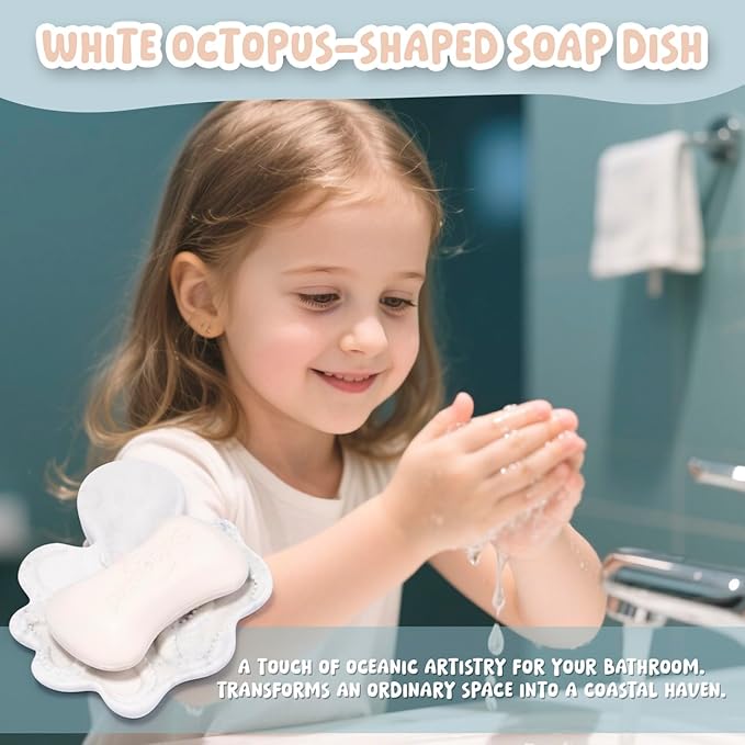 ZAWUU Resin Draining Octopus Soap Dish with Embossed Design – Multiuse Holder for Bathroom & Kitchen (White Marble, Octopus)