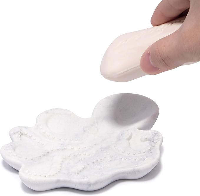 ZAWUU Resin Draining Octopus Soap Dish with Embossed Design – Multiuse Holder for Bathroom & Kitchen (White Marble, Octopus)