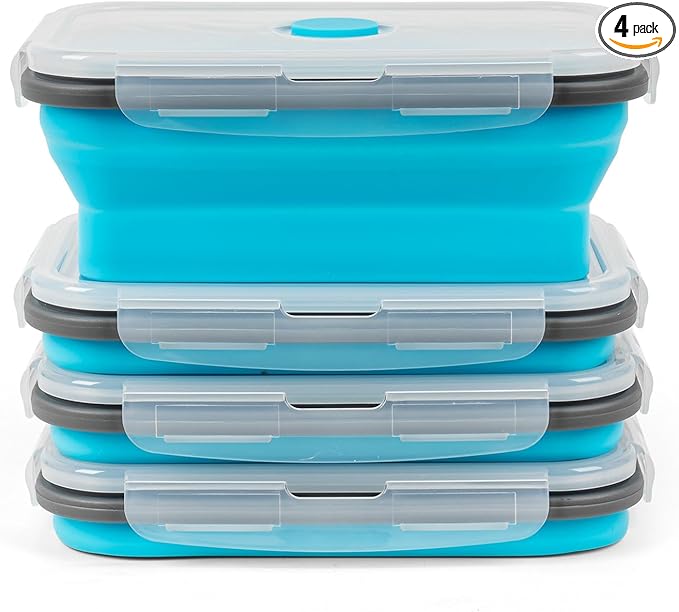 Collapsible Silicone Food Storage Containers Set with Lid & Air Vent,Foldable Lunch Containers(4PCS,Blue,27oz)