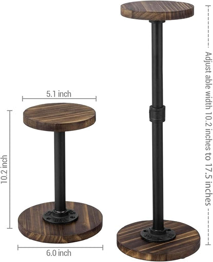 MyGift 2 Pcs Hat Organizer for Baseball Caps, Cowboy Hat Rack Stand for Helmet with Adjustable Height, Tabletop Wig or Jewelry Display Riser, Rustic Burnt Wood with Industrial Metal Pipe