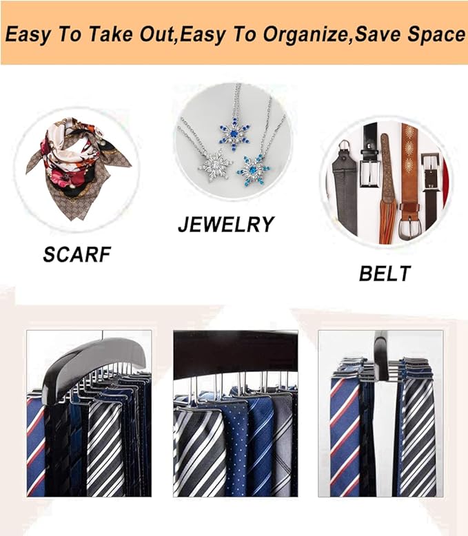 Premium Wood & Sturdy Quality Tie Hanger, 24 Non Slip Metal Hooks, 360 Swivel Design, Anti Slip Grips, Space Saving, Foldable, Black