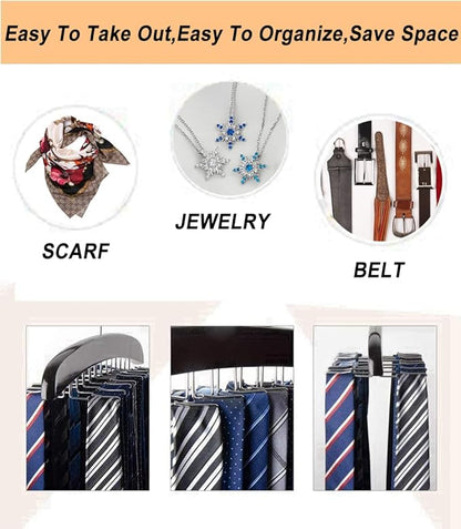 Premium Wood & Sturdy Quality Tie Hanger, 24 Non Slip Metal Hooks, 360 Swivel Design, Anti Slip Grips, Space Saving, Foldable, Black
