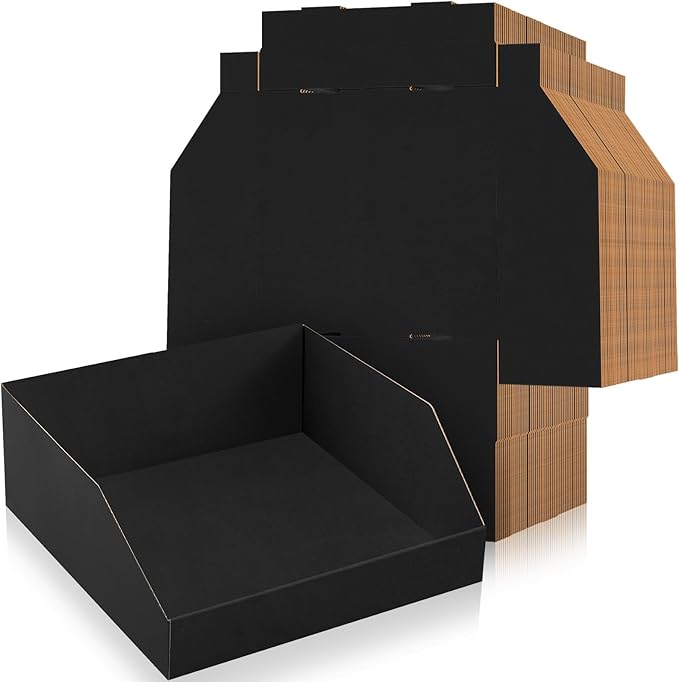 Fuyoooo 30 Pack 12 x 10 x 4. 5 Inches Cardboard Storage Bins Open Top Bin Boxes Black Corrugated Shelf Organizer Bins for Pantry, Parts, Garage, Snacks, Bottles, Cans or Warehouse Home Cubby
