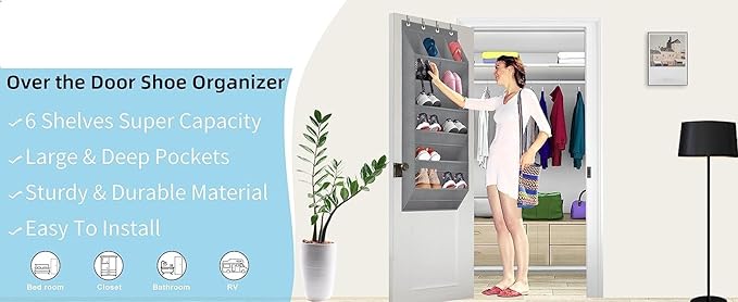 Over The Door Shoe Organizer with Large Deep Pockets Door Shoe Rack for Narrow Door Hanging Multifunction Shoe Holder for Dorm Closet Door