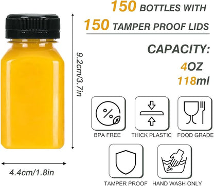 TOMNK 150pcs Juice Bottles with Caps, 4oz Plastic Containers with Lids Empty Reusable Clear Ginger Shots Bottles with Label, Funnel, and Brush Beverage for Juicing, Smoothies, Drinking, Fridge