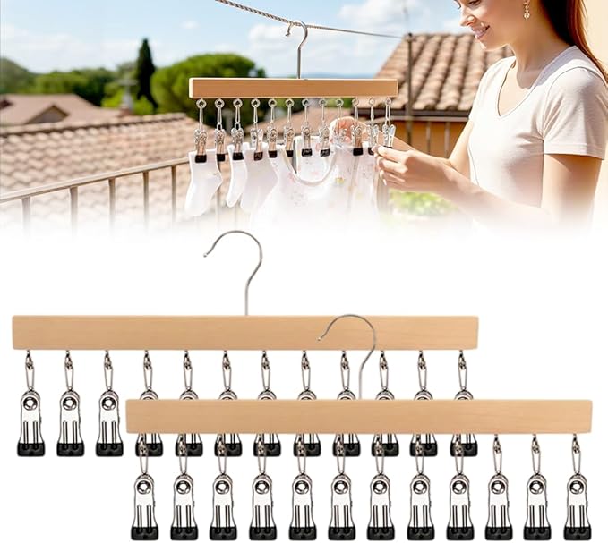 Closet Organizer with 12 Clips, 2026 Upgrade Space Saving Hanging Closet Organizer, Space-Saving Hat Scarf Clothespins for Jeans Skirts Socks Pant Hangers with Clips (Wood - 2PCS)
