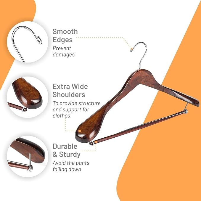 DEILSY Wide Shoulder Wooden Suit Hangers with Non-Slip Pants Bar & 360° Swivel Hook - Smooth Finish Coat Hangers for Men and Women - Heavy Duty Clothes Hanger – Pack of 6