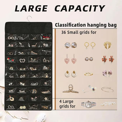 Hanging Jewelry Organizer Storage Earring Jewelry Storage Bag With 48 Pockets Necklace Bracelet Ring Glasses Accessory Display Rack (B80-Black)