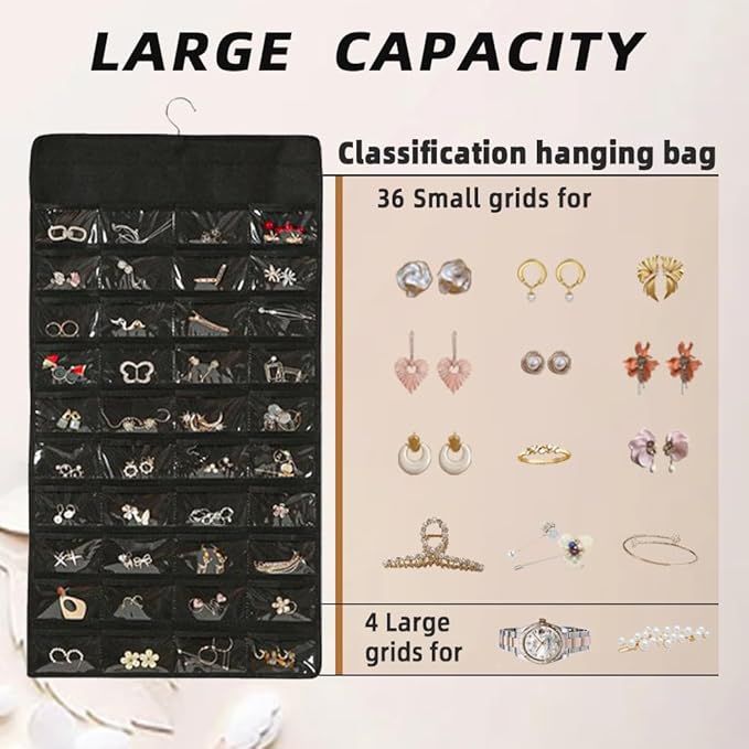 Hanging Jewelry Organizer Storage Earring Jewelry Storage Bag With 48 Pockets Necklace Bracelet Ring Glasses Accessory Display Rack (A48- Black)