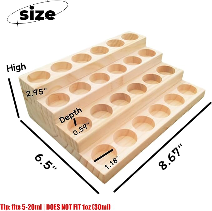 Essential Oil Display Stand 4 Tier Essential Oil Holder Solid Wood Essential Oil Rack for 24 Bottles Tabletop Display Holder Bottle Organizer for 5-20ml Bottles Display for Essential Oils