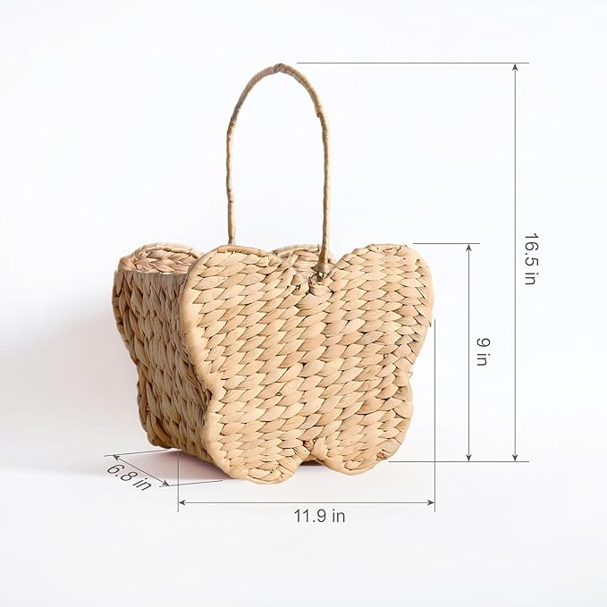 Butterfly Wicker Storage Basket, Natural Water Hyacinth, Handmade Organizer for Toys, Picnics, Home (Butterfly shaped)