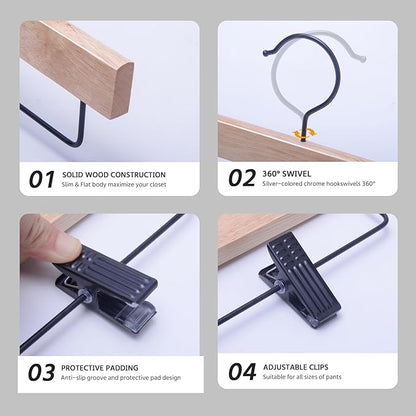 Nature Smile Deluxe Wooden Pants Hangers,Solid Rubber Wood Jeans Skirt Hanger with Black Adjustable Clips and Rotatable Hook Pack of 10(Natural Varnished)