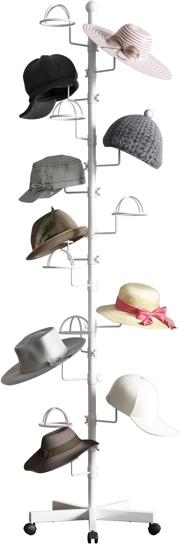 Hat Rack with 15 Circular Hooks Floor Hat Stand Freestanding Hats Rack Stand Adjustable Metal Hats Tree Organizer Rack Display Standing Suitable for Home Store Commercial, White
