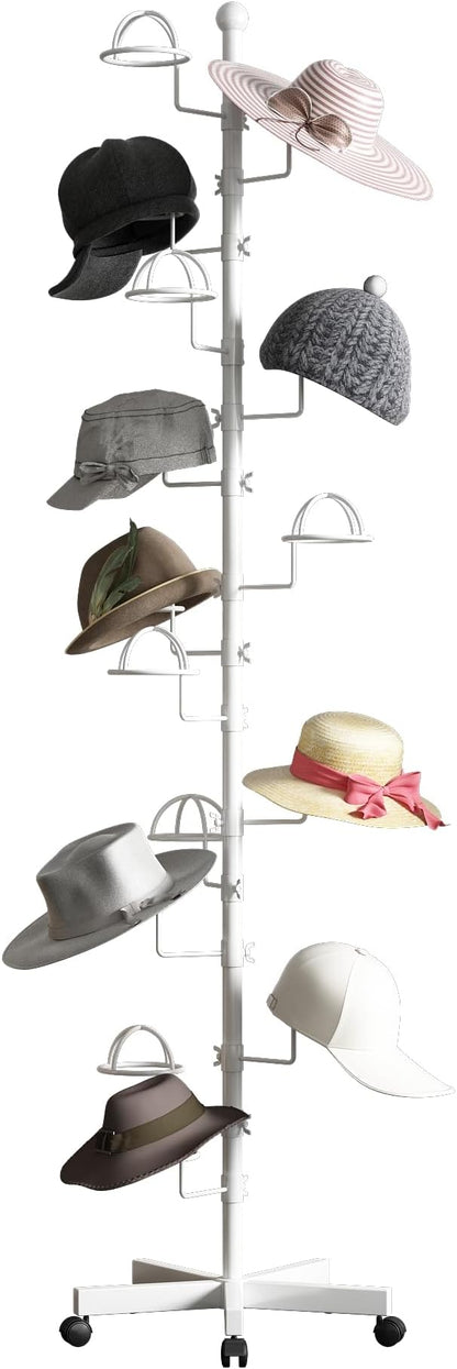Hat Rack with 15 Circular Hooks Floor Hat Stand Freestanding Hats Rack Stand Adjustable Metal Hats Tree Organizer Rack Display Standing Suitable for Home Store Commercial, White
