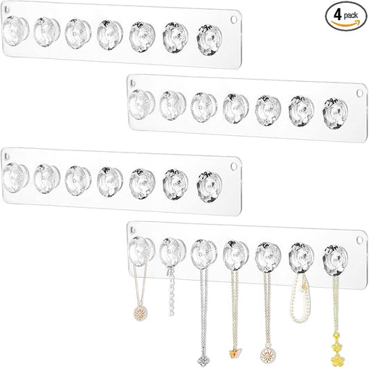 4Pcs Wall Necklace Holder for Women, Hanging Jewelry Organizer Wall Mount Crystal Holder Necklace Wall Hanger, Acrylic Bracelet Holder Organizer Jewelry Rack Adhesive Hooks Necklace Storage