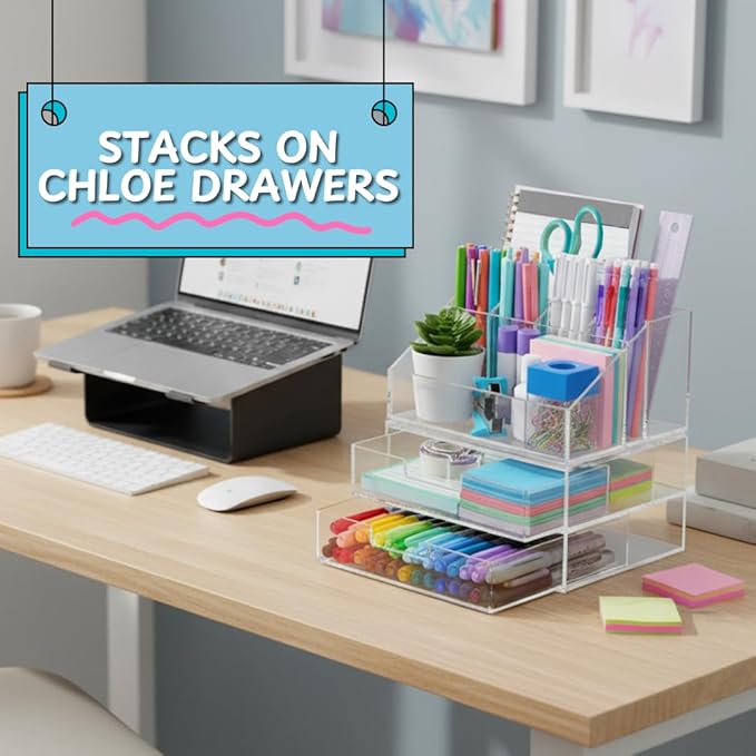 STORi Chloe Clear Plastic Stackable Desk Organizer, Rectangular 6-Compartment Office Supply Holder for Pens, Markers & Notepads, Made in USA