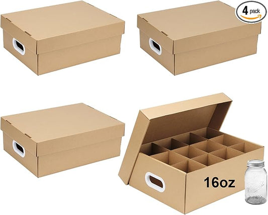 4 Pcs Cardboard Mason Jar Storage Box for 16 oz Regular or Wide Mouth Jars Canning Boxes with Handles and Dividers, 12 Cells Mason Jar Organizer Canning Jar Storage Boxes