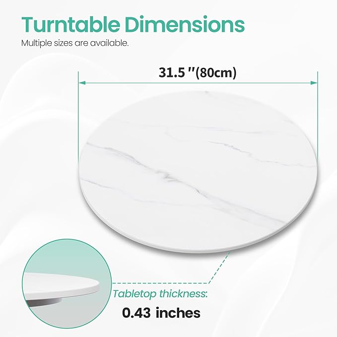 31.5" Lazy Susan Turntable – 360° Sinteredstone Silent Anti-Slip Turntable, Table Top Centerpiece for Kitchen, Pantry, Spice Rack, Refrigerator & Dining Table, White