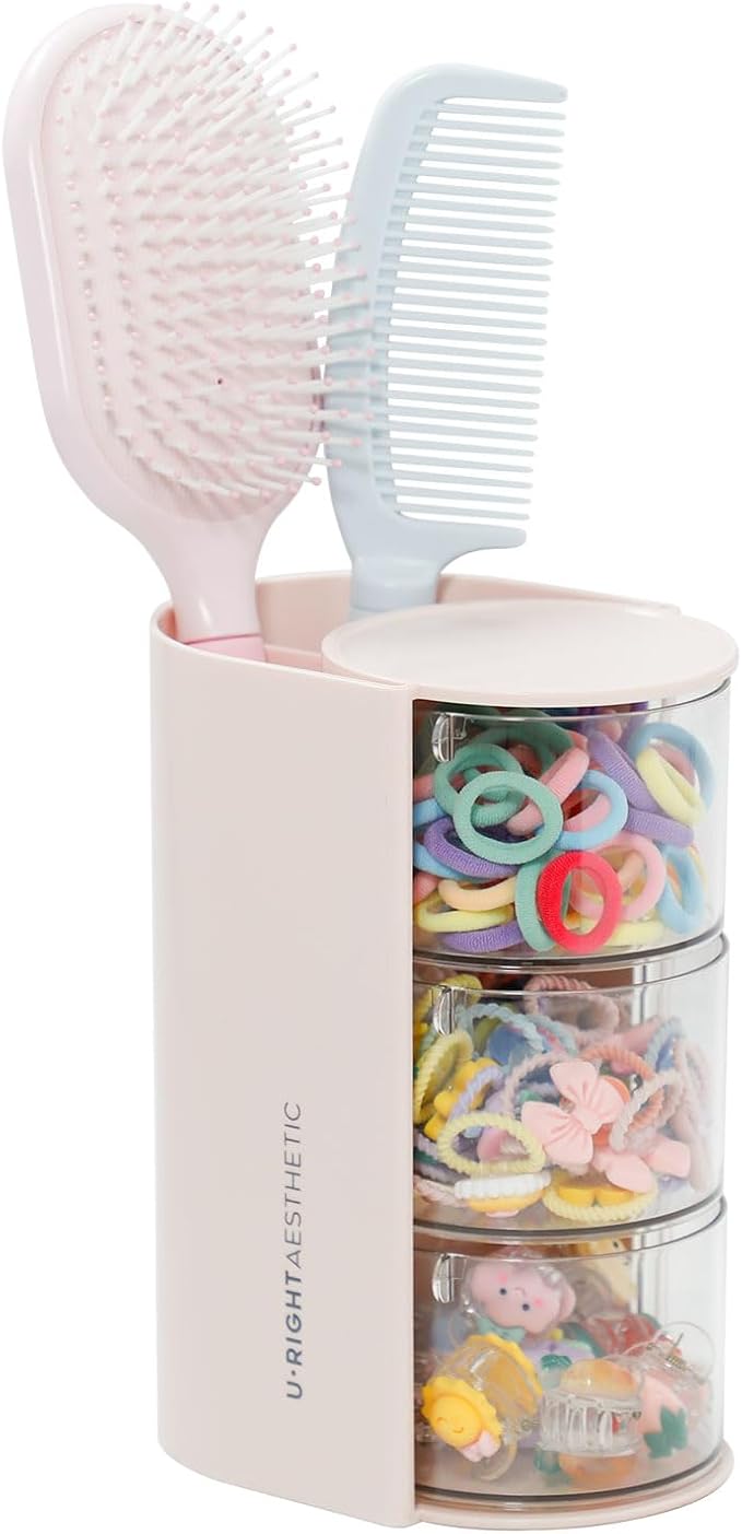 FABROK 3-Layer Hair Accessories Organizer with Brushes Holder, Rotating Small Jewelry Box for Hair Ties Clip Earring Necklaces, Bathroom Vanity Desktop Organizer Case for Cotton Swab(Pink)