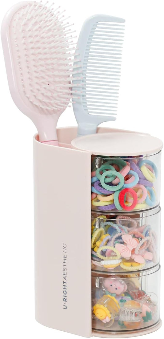 FABROK 3-Layer Hair Accessories Organizer with Brushes Holder, Rotating Small Jewelry Box for Hair Ties Clip Earring Necklaces, Bathroom Vanity Desktop Organizer Case for Cotton Swab(Pink)