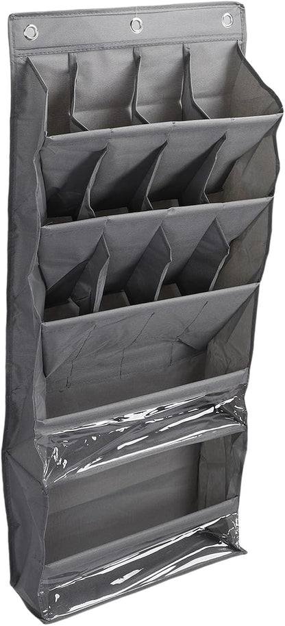 Over The Door Shoe Bag with Pockets | 600D Oxford Fabric Breathable Hanging Storage | Space Saving Shoe Rack for Closet/Dorm/Entryway | Multi - Purpose Organizer, Hooks (Gray)