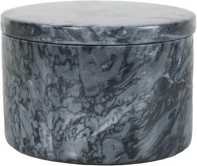 HillSpring Marble Salt Cellar with Lid and Wooden Spoon, 4" Handcrafted Spice Pepper Herbs Box, Kitchen Storage Container, Black, 1 Pack