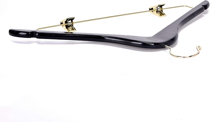 Quality Wooden Skirt Hangers with Clips, 10-Pack Smooth Solid Wood Pants Hangers with Durable Adjustable Metal Clips, Swivel Hook, Coat, Jacket, Blouse Suit Hangers (Black - Gold Hook, 10)