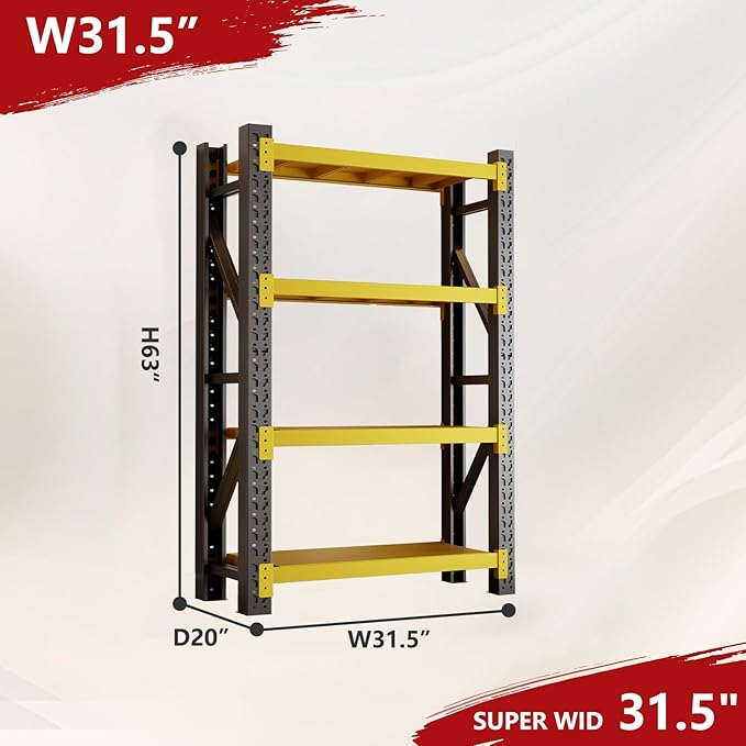 3000lbs Garage Shelving Heavy Duty, 4-Tier Metal Adjustable Garage Shelves, Storage Shelves for Warehouse, Pantry, Basement, 31.5" W X 20" D X 63" H (Black+Yellow, 31.5x20x63)