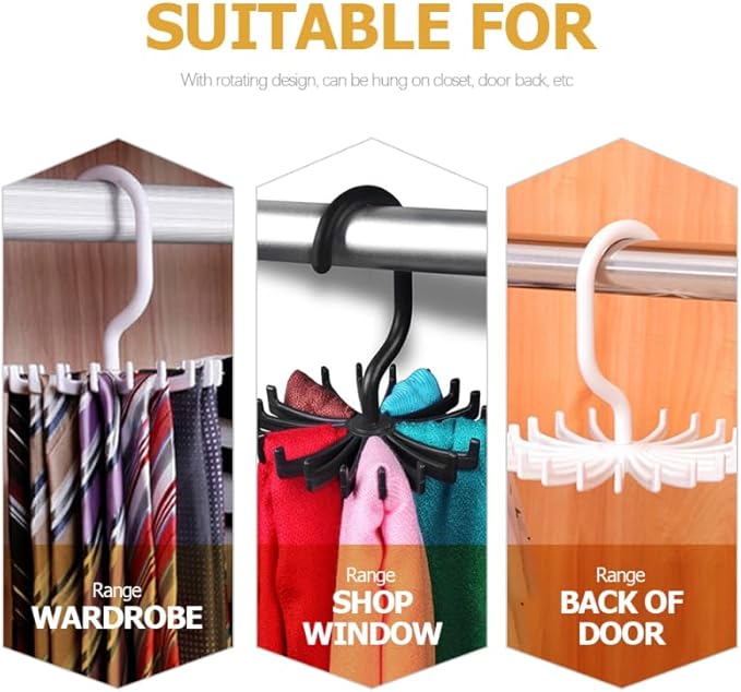 Solustre 4-Pack Rotating Plastic Tie Rack with Belt Hooks Space-Saving Closet Organizer for up to 20 Neckties and Belts Multi-Functional Hanging Storage Solution for Home and Travel