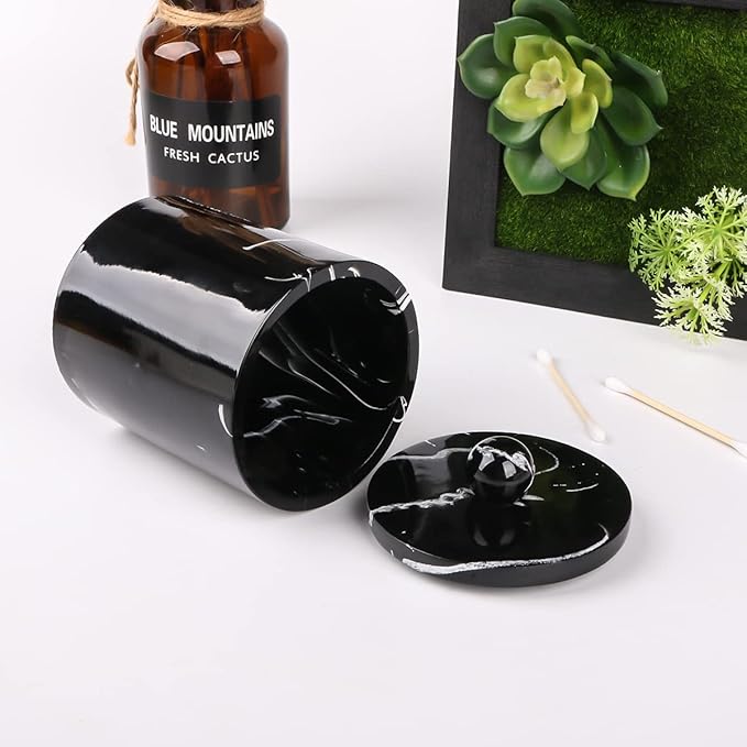 Bathroom Qtip Holder Dispenser with Lid,Vanity Cotton Swab Holder,Resin Cotton Ball Container,Makeup Sponges Cosmetics Canister,Bath Salts Storage Box for Bathroom (Marble Black)