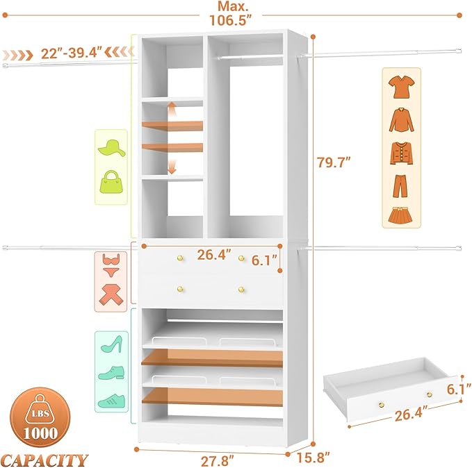 Besiost Closet System, 4.2–8.8 FT Closet Organizer with 2 Wooden Drawers and Shelves, Walk-in Closet System with 5 Hang Rods, Built-in Reach in Closet Tower, Can Fit 60 to 96 inch, White